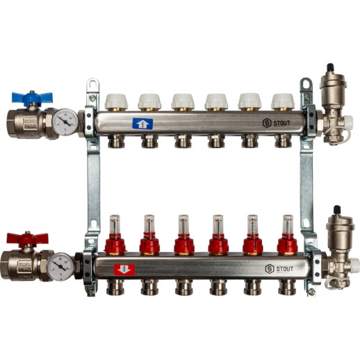 Коллектор распределительный Stout SMS 0907 000006 на 6 контуров в сборе с расходомерами