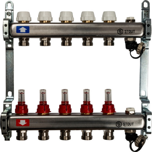 Коллектор распределительный Stout SMS 0927 000005 на 5 контуров с расходомерами с выпускным клапаном и сливом