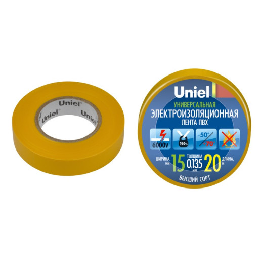 Лента изоляционная Uniel UIT-135P 20/15/10 Yel C2 C2 15 мм 20 м желтая  