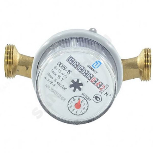 Счетчик для холодной и горячей воды Декаст ОСВУ-15 73-15-270 крыльчатый одноструйный резьба в/к Ду 15 Ру16 с обратным клапаном 90 градусов 110 мм