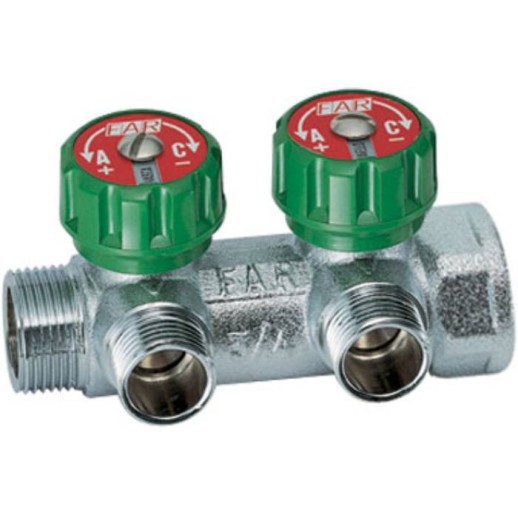 Коллектор FAR Multifar FK 3821 3412TP 1/2х3/4 дюйма 2 выхода под плоское уплотнение с регулирующими клапанами