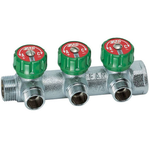 Коллектор FAR Multifar FK 3822 3412TP 1/2х3/4 дюйма 3 выхода под плоское уплотнение с регулирующими клапанами