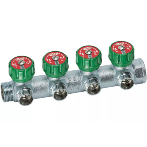 Коллектор FAR Multifar FK 3824 112TP 1х1/2 дюйма 4 выхода под плоское уплотнение с регулирующими клапанами