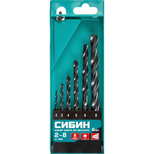 Набор сверл по металлу Сибин 29610-H6 быстрорежущая сталь класс В 6 шт (2-8мм)